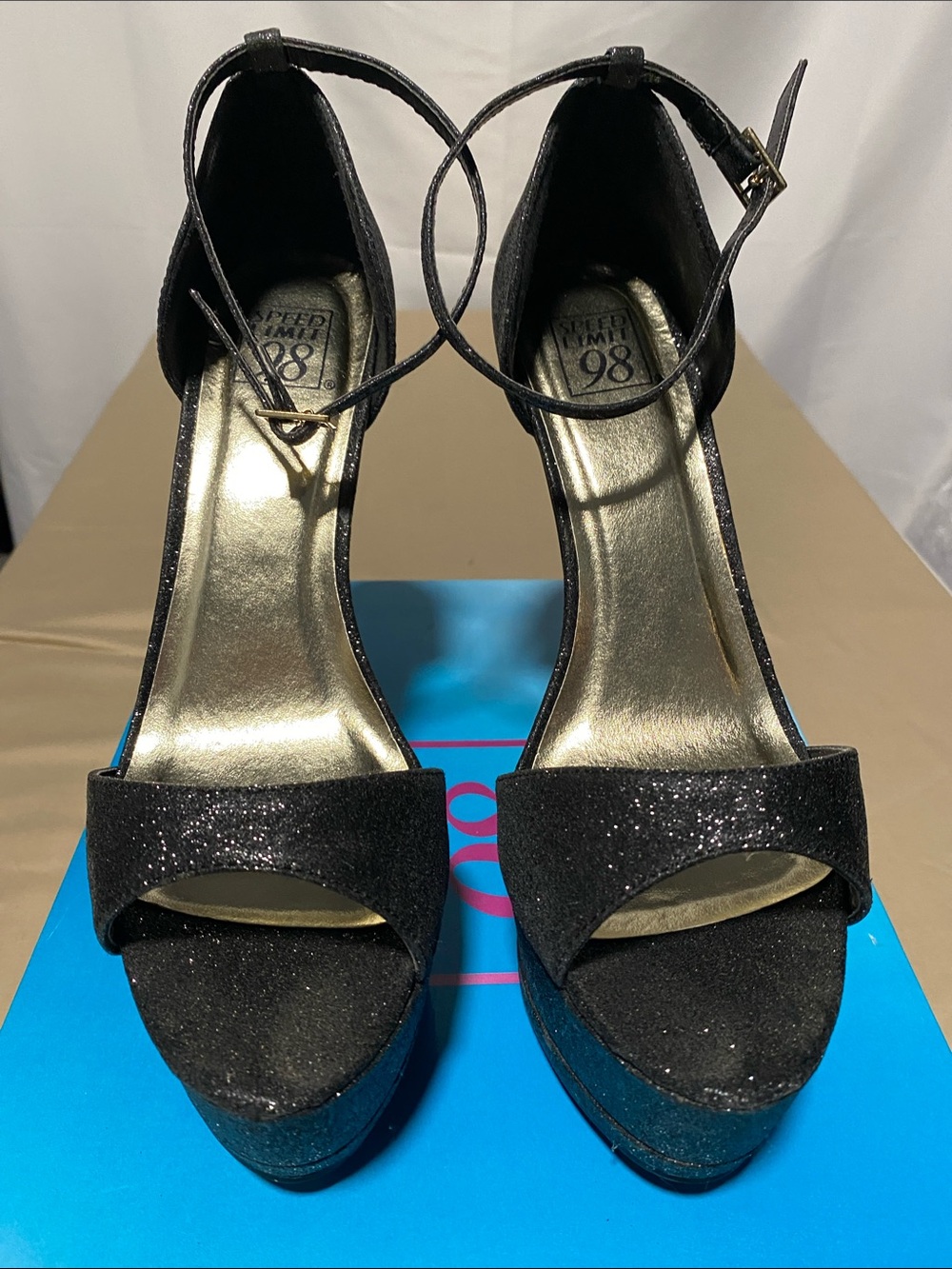 Speed Limit 98 Black Glitter Ankle-Strap Platform Sandals